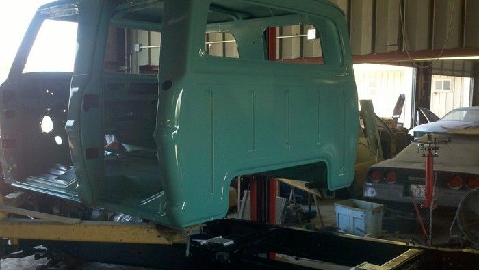 1967 Ford F350 back of cab being put on the frame